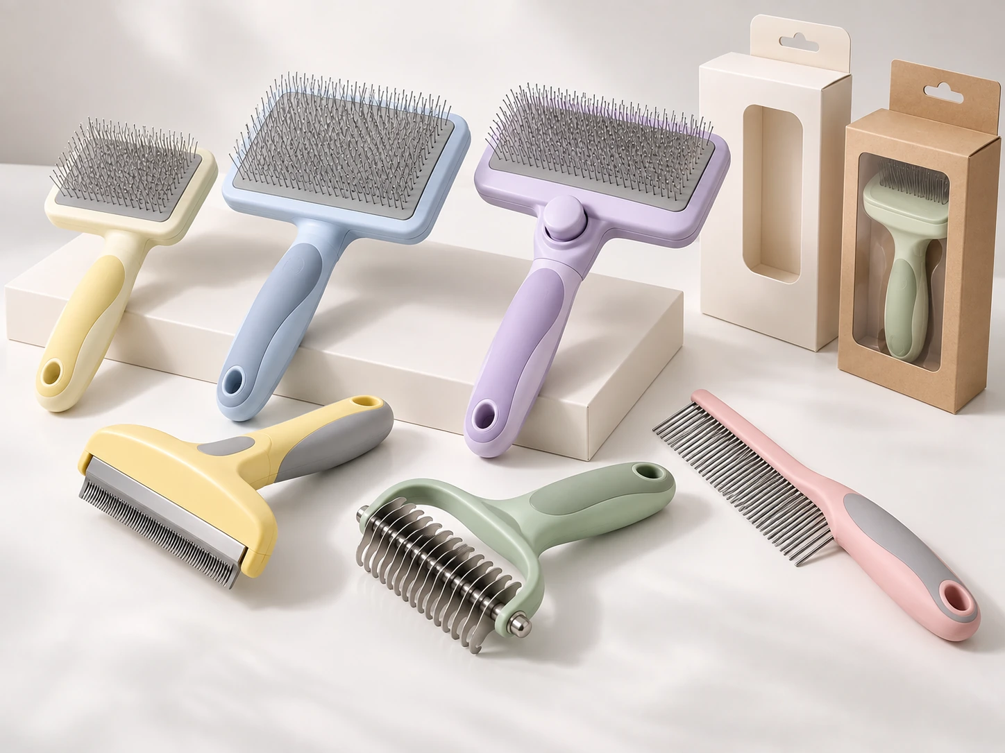 PETMERO pet grooming product line with slicker brushes, deshedding tools, rake and comb