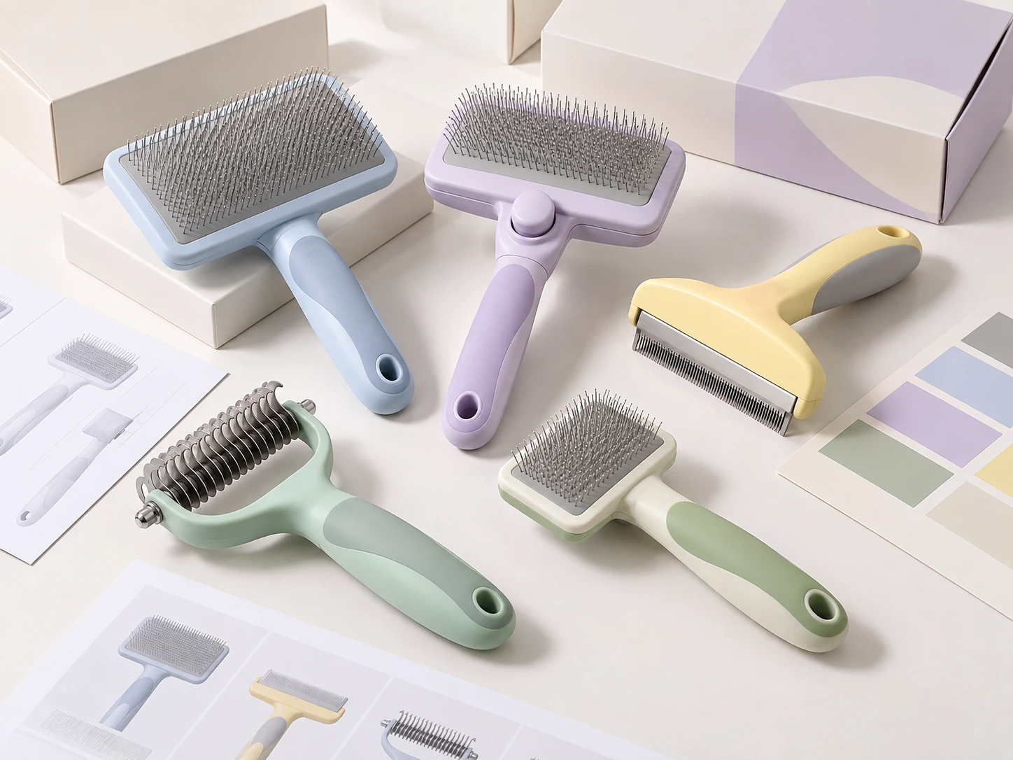 PETMERO grooming tool samples with slicker brushes, deshedding tools and review materials