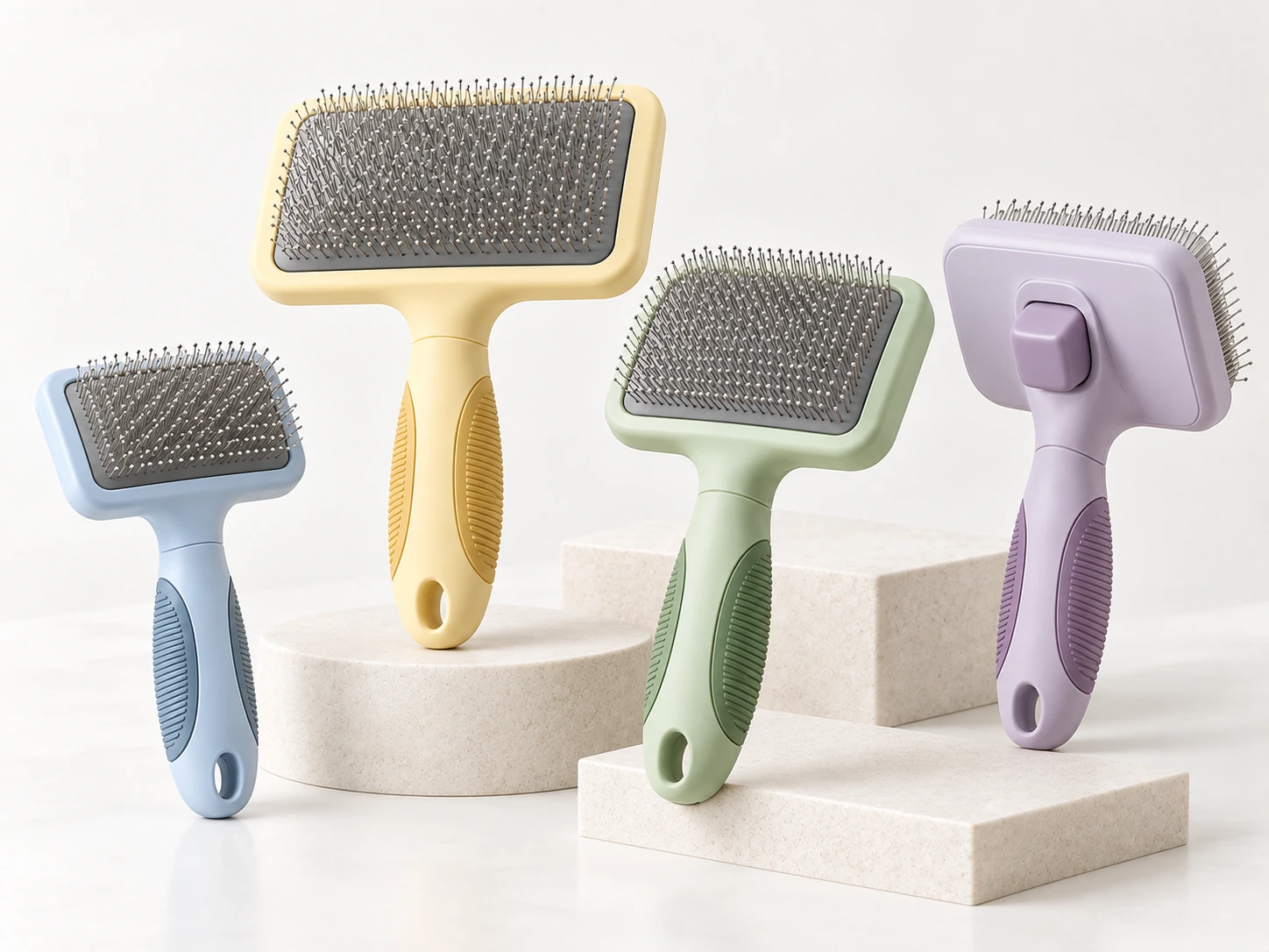 PETMERO slicker brushes with different head sizes, pin layouts and self-cleaning design