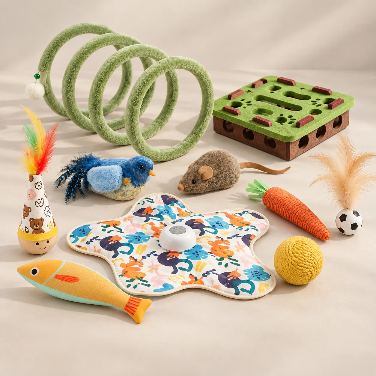 Assorted cat toys including a spiral tunnel, puzzle board, feather teasers, plush mouse and play mat.