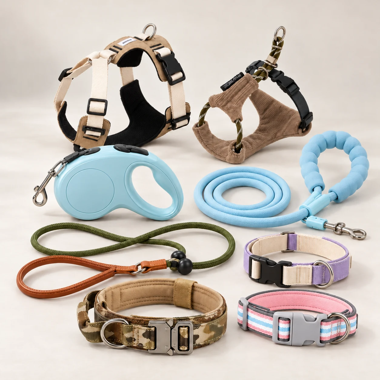Dog walking accessories including adjustable harnesses, retractable leash, rope leads and buckle collars.