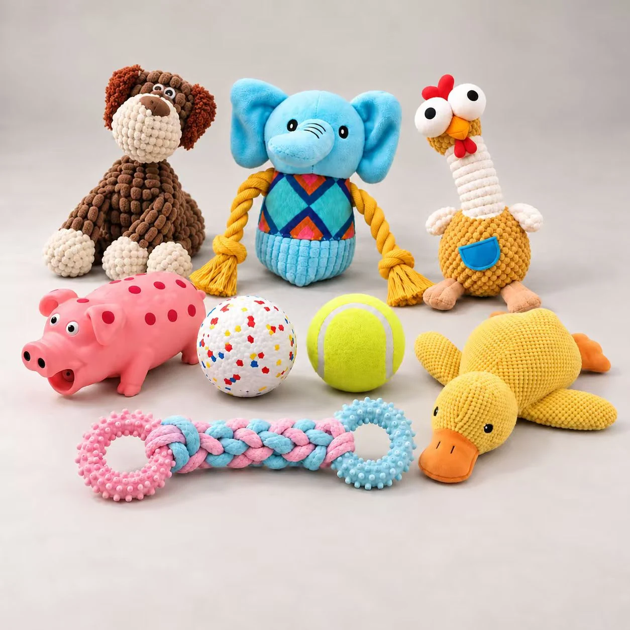 Assorted dog toys including plush animals, a rubber pig, textured balls and a braided rope tug.