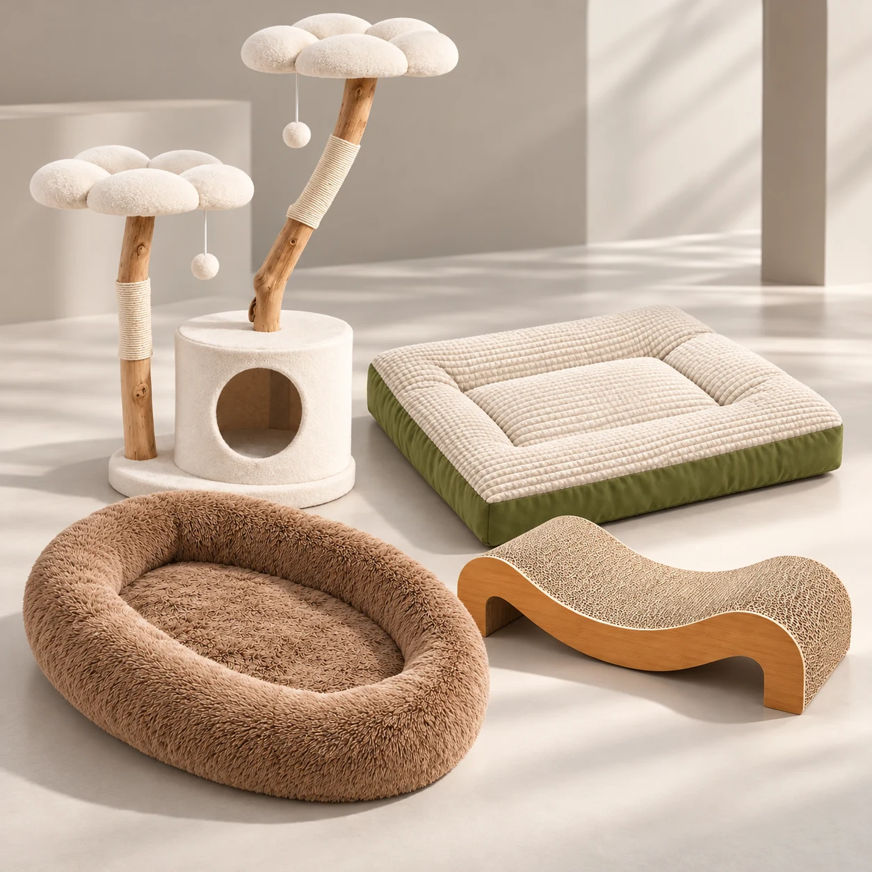 Pet home products including cat trees, a plush round pet bed, a quilted pet bed and a curved cat scratcher.
