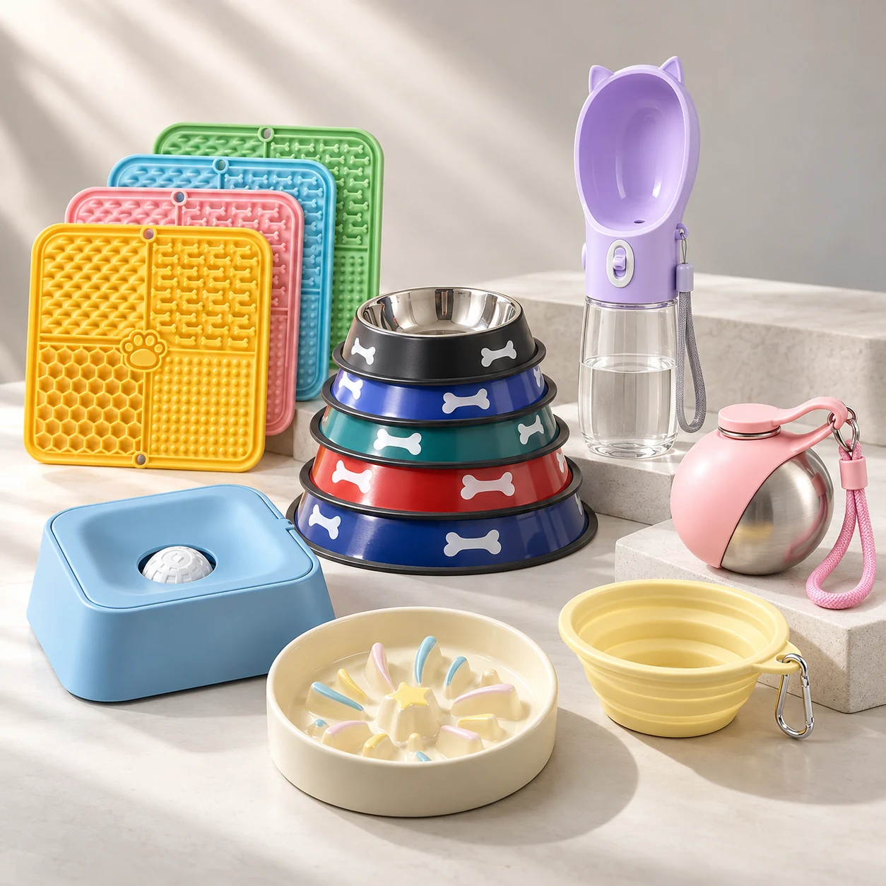 Pet feeding supplies including textured lick mats, pet bowls, water bottles and a collapsible travel bowl.