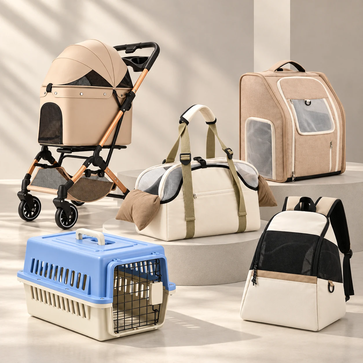Pet travel products including a stroller, soft-sided carriers, carrier backpack and plastic pet travel crate.