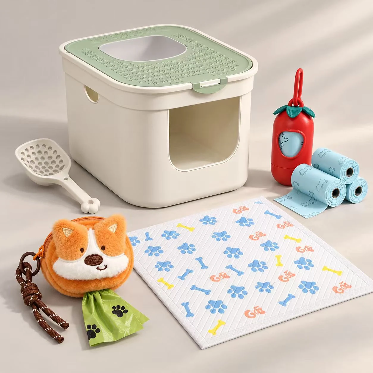 Pet toileting and cleanup products including a covered cat litter box with scoop, puppy pad, dog waste bags and dispensers.
