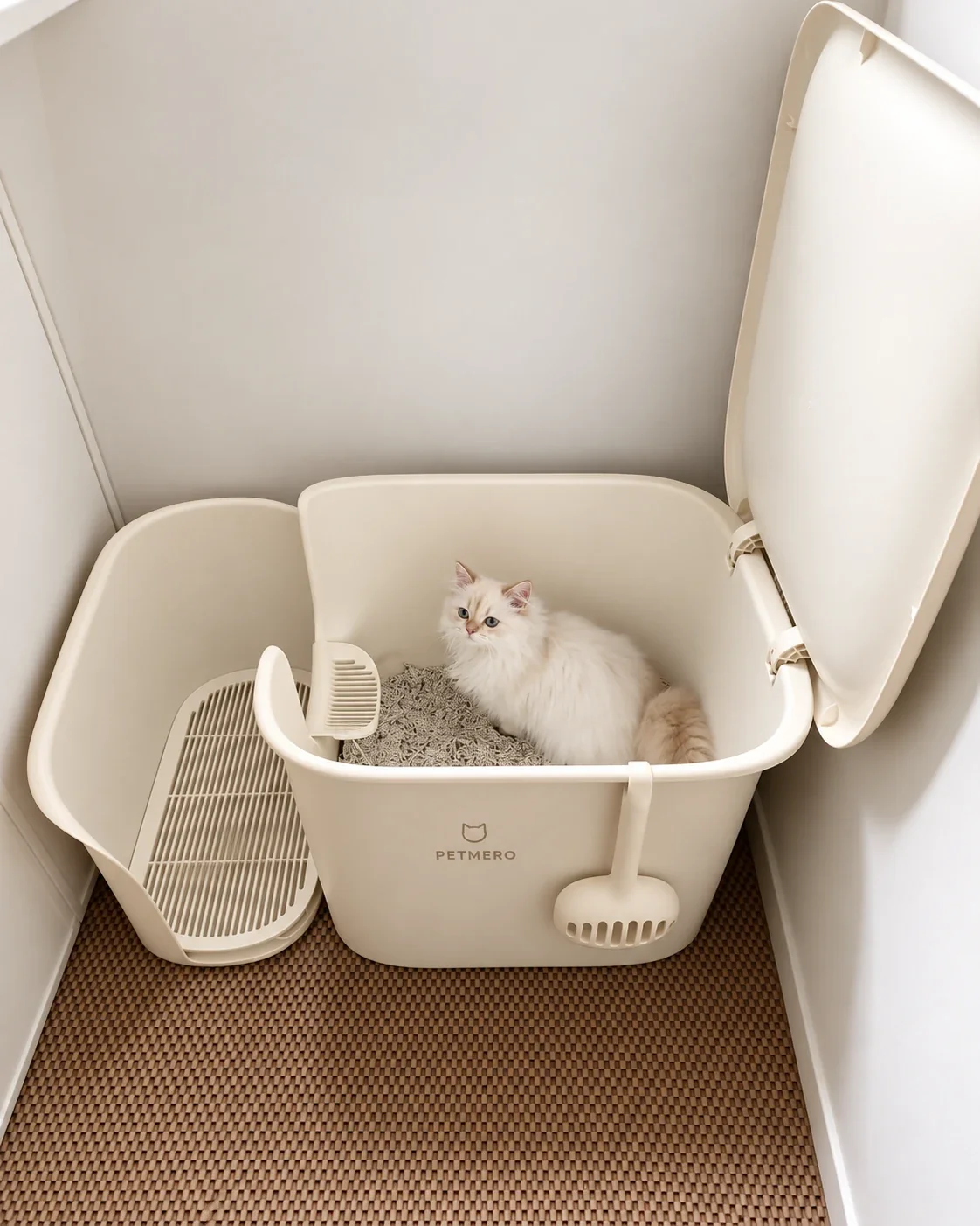 Cream enclosed cat litter box opened to show the inside and a white cat