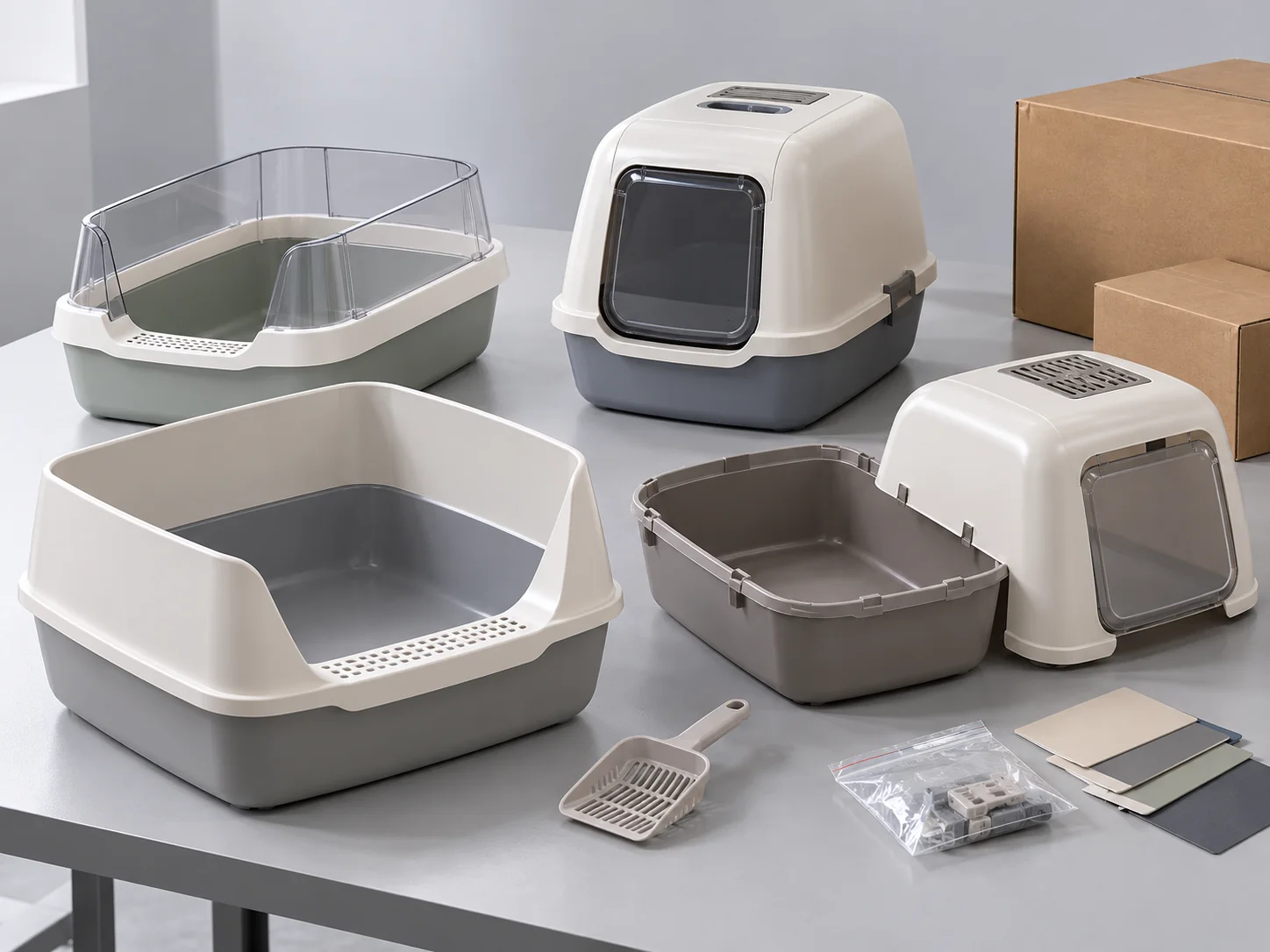 High-sided cat litter tray and covered litter boxes with separate base, scoop, sample parts and plain cardboard boxes on a review table