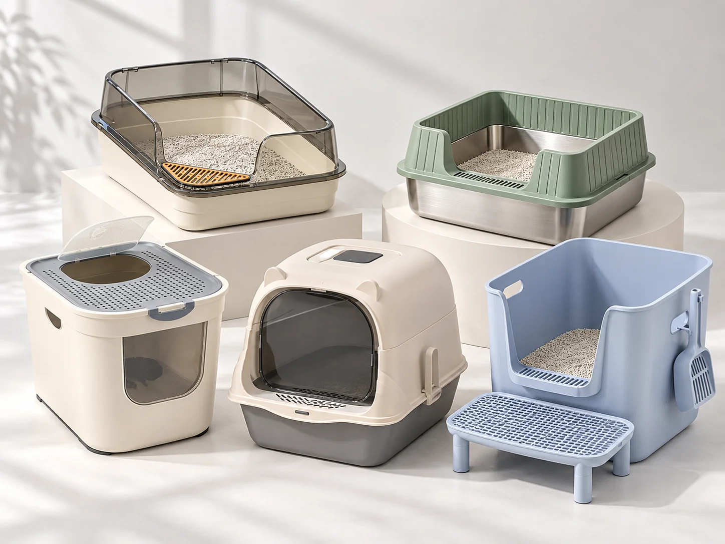 Five non-electric cat litter box styles: clear splash guard, stainless steel high-sided pan, top-entry box, hooded box and blue high-sided tray