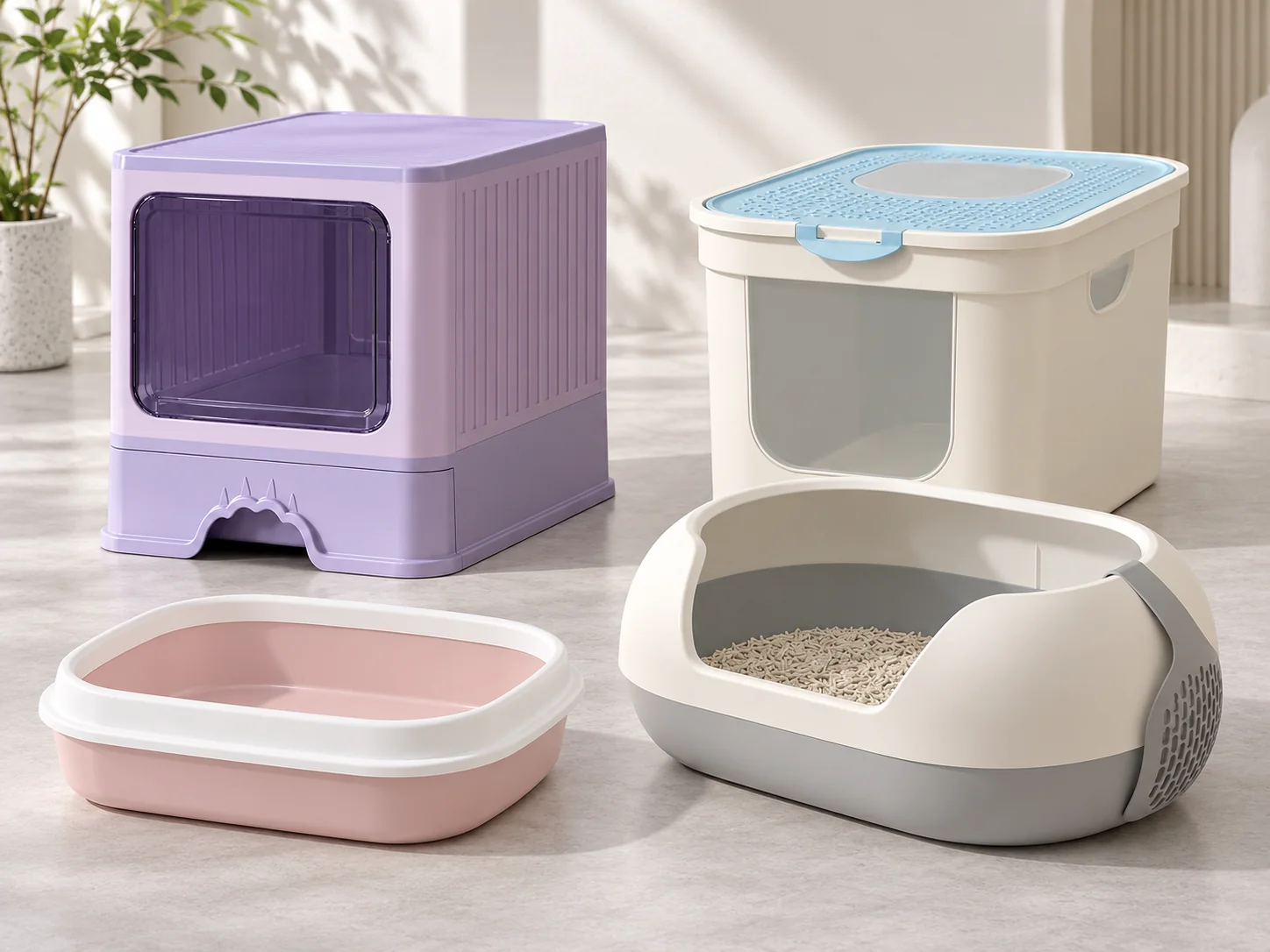 Four cat litter boxes: purple front-door covered box, cream box with perforated top lid, shallow pink open tray and grey high-sided pan