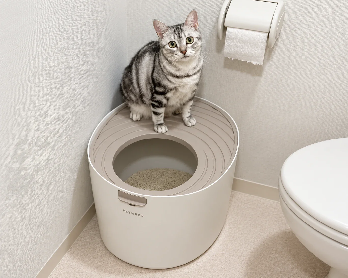 Tabby cat beside a beige enclosed litter box in a bathroom
