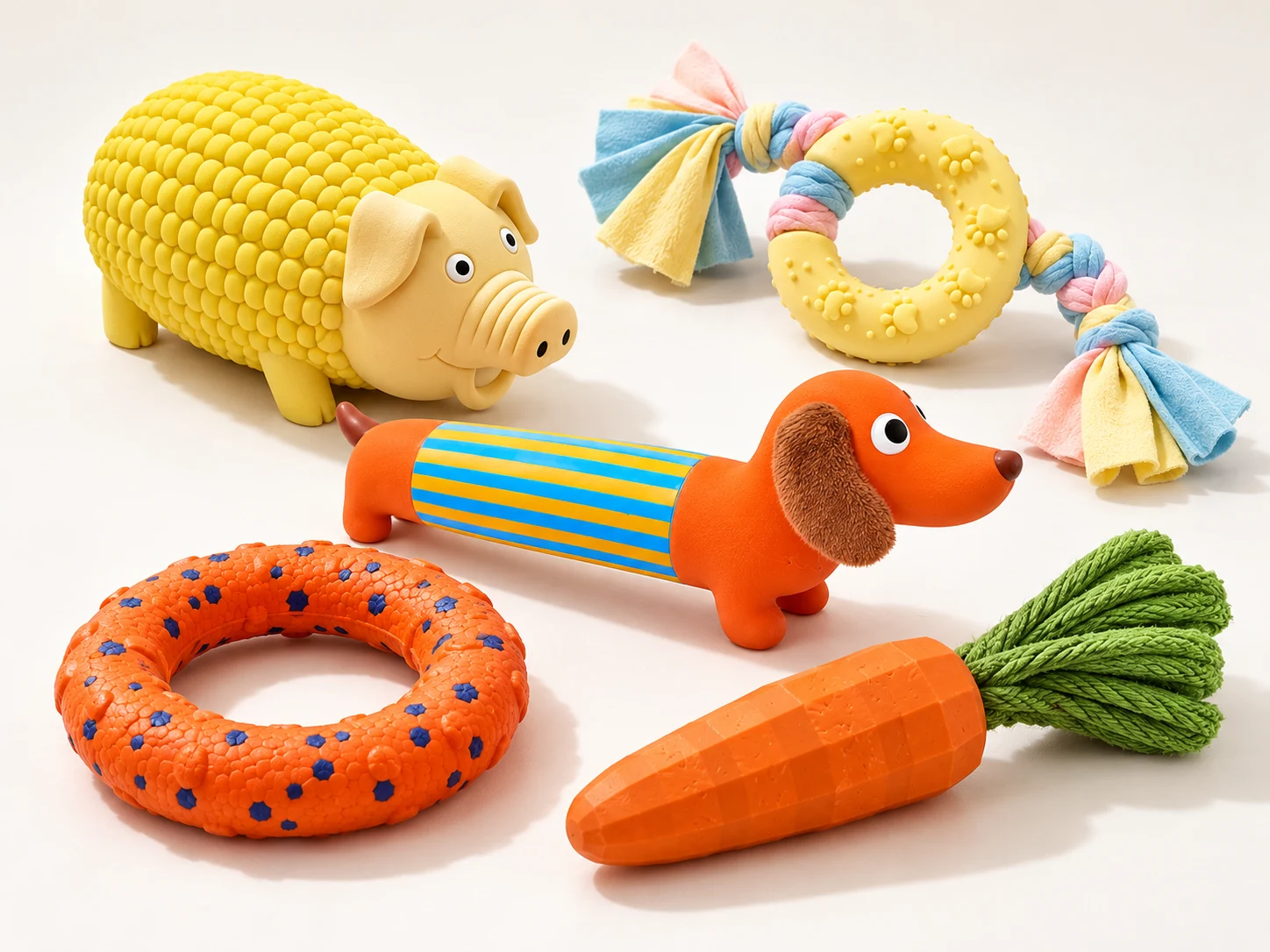 Colorful dog toy assortment with textured chew rings, a pig-shaped toy, a rope toy and a plush dachshund
