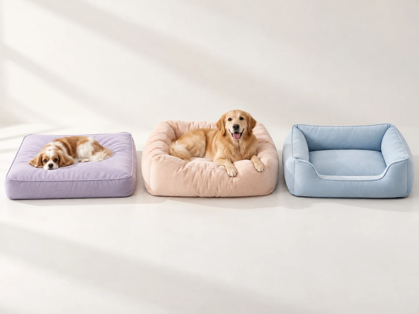 Lavender flat dog mattress, peach plush dog bed and blue U-shaped bolster dog bed