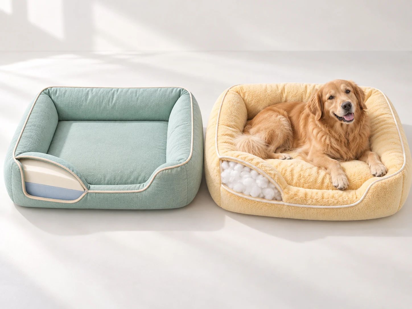 Mint-green dog bed showing foam mattress layers beside a yellow bolster dog bed with visible white fiberfill