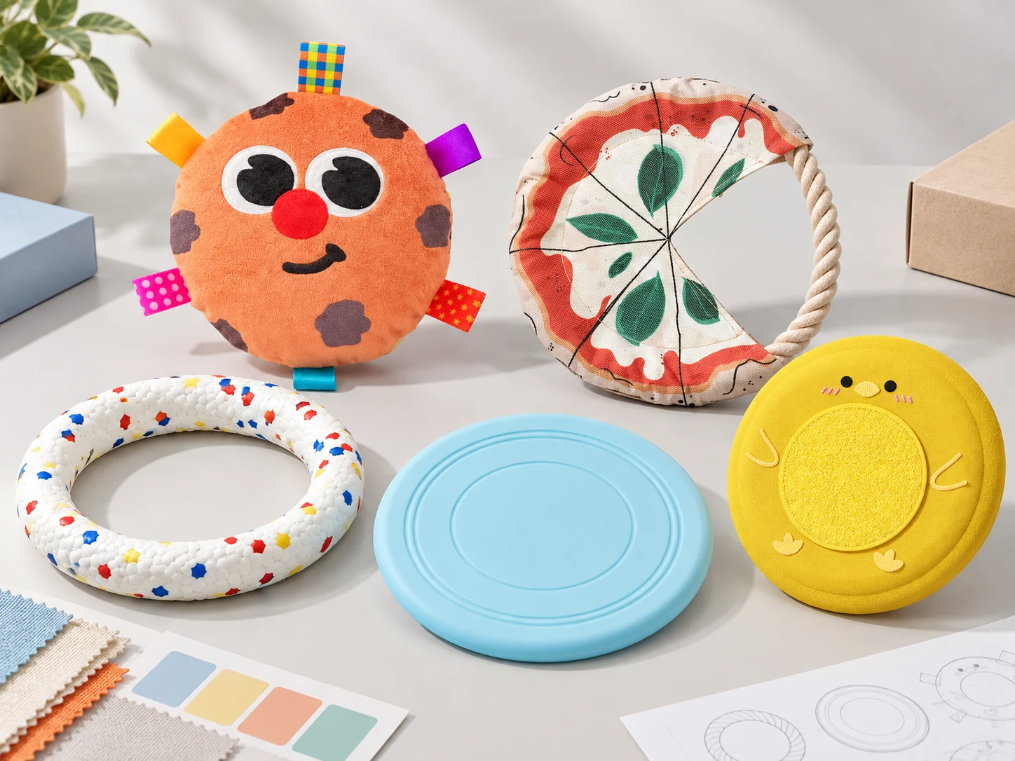Dog fetch toy sample assortment with orange plush disc, fabric rope-handle flyer, speckled ring, pale blue disc and yellow round toy beside colour and fabric swatches
