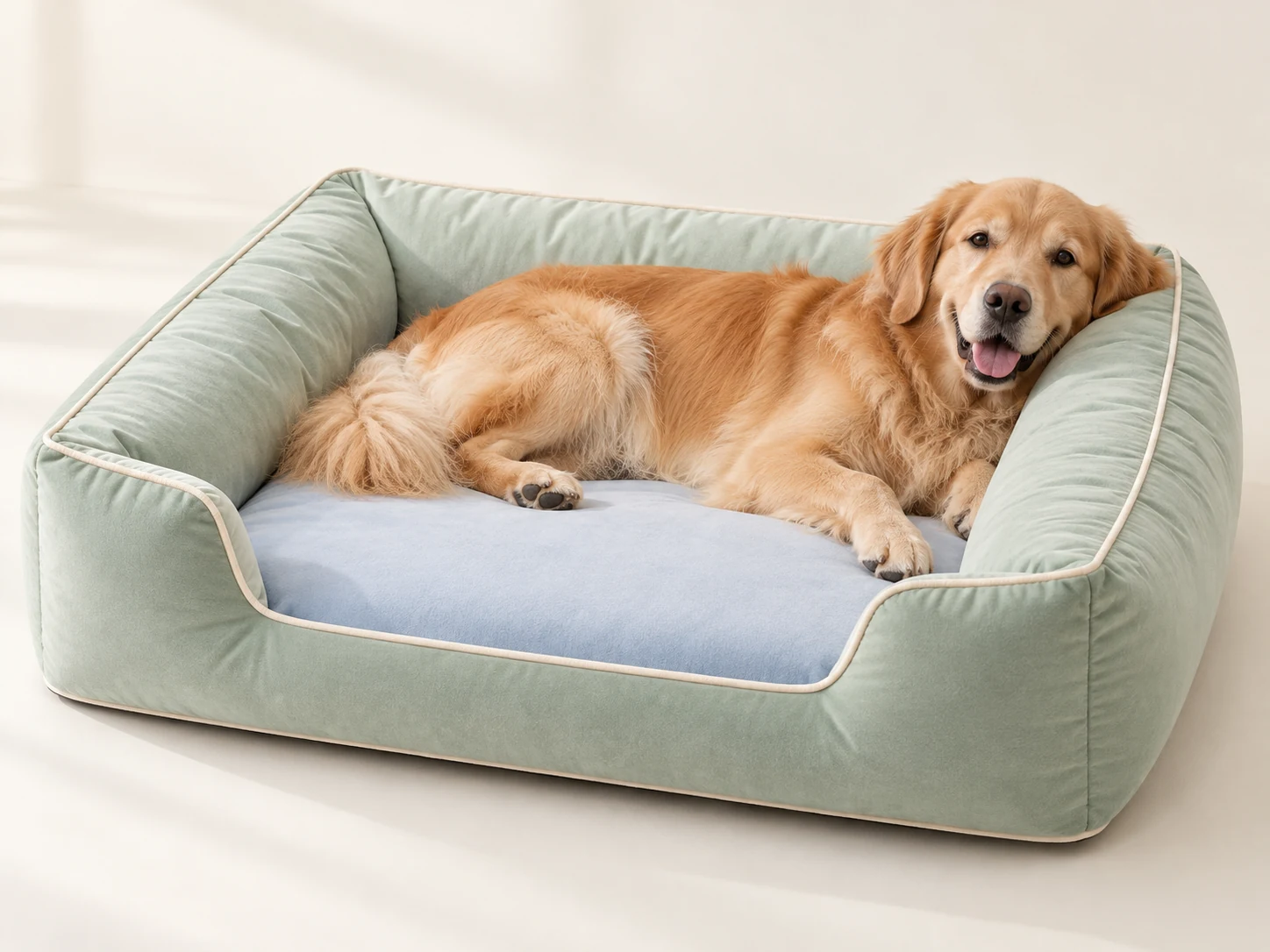 Golden retriever resting on a blue mattress inside a sage-green U-shaped bolster dog bed