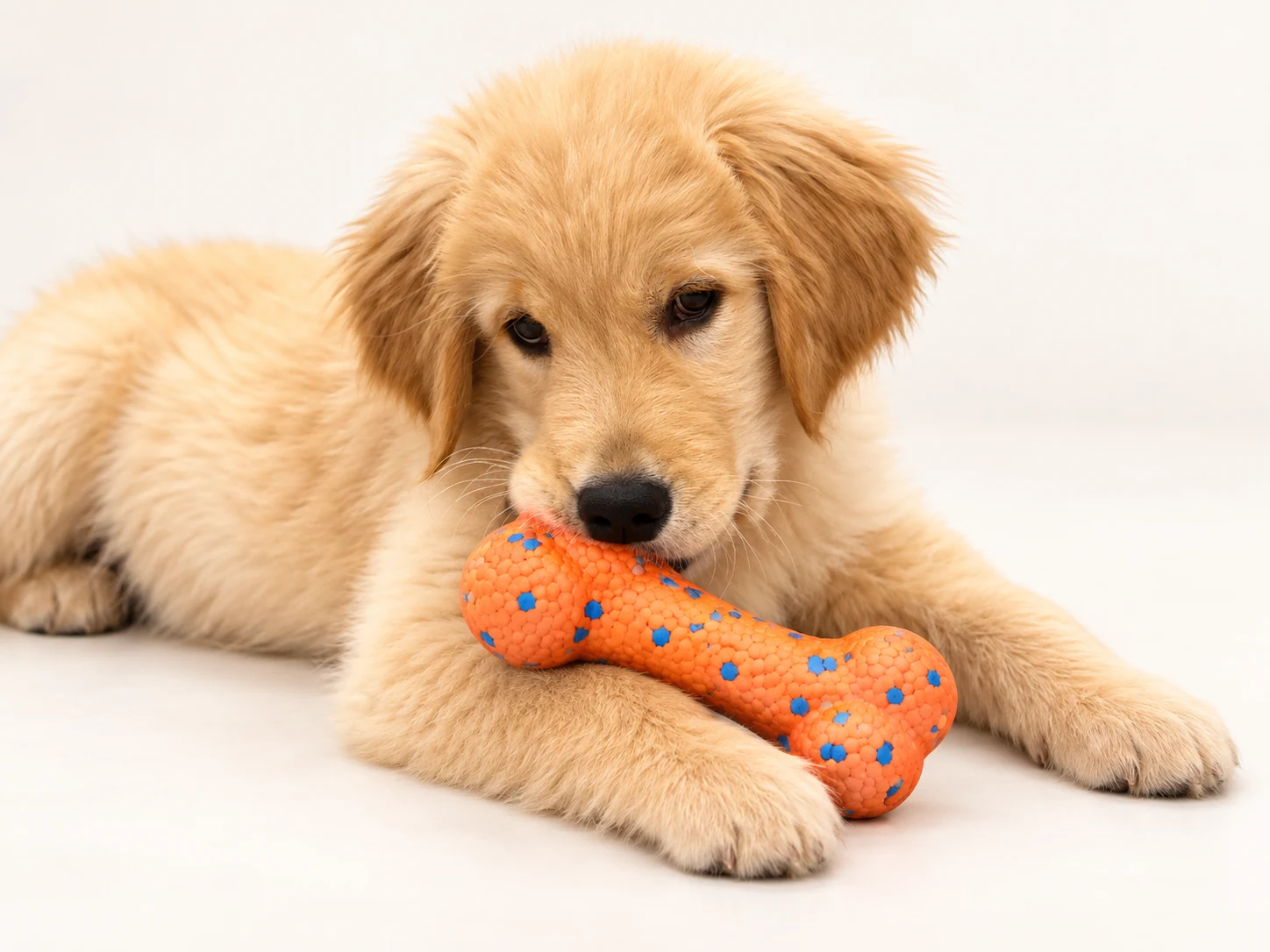 Golden retriever puppy holding an orange bone-shaped chew toy with blue speckles
