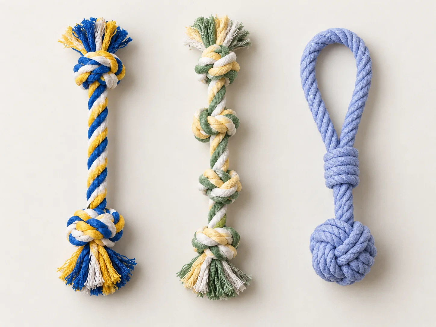 Blue-yellow double-knot rope, green-yellow multi-knot rope and lavender loop-handle rope ball dog tug toys