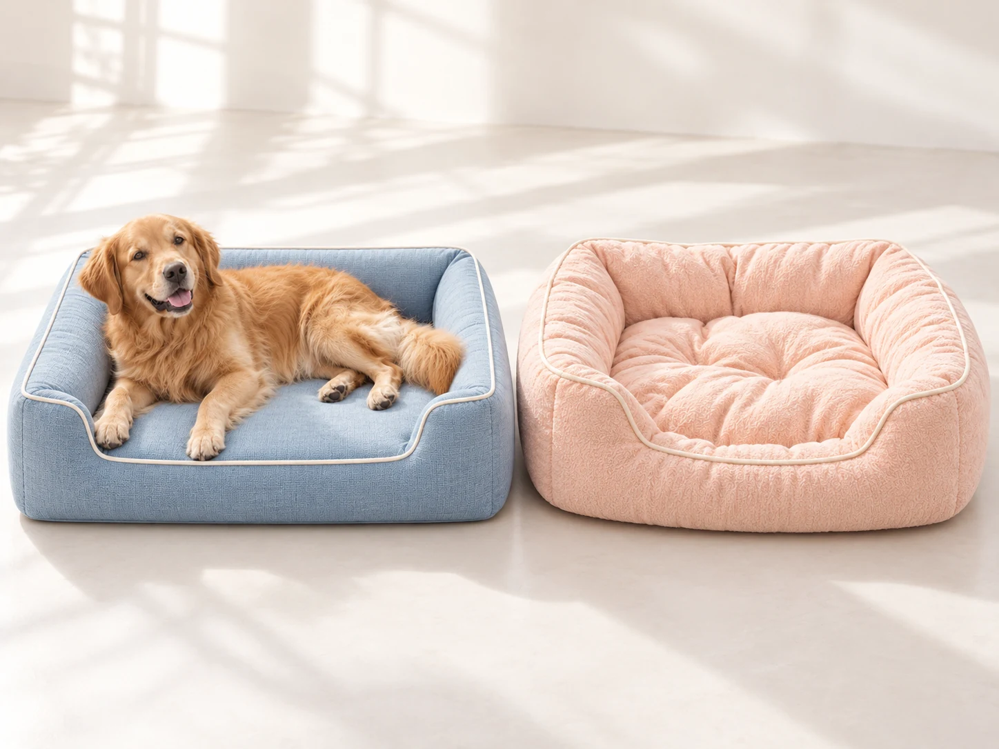 Golden retriever resting on a blue bolster dog bed beside a plush peach dog bed