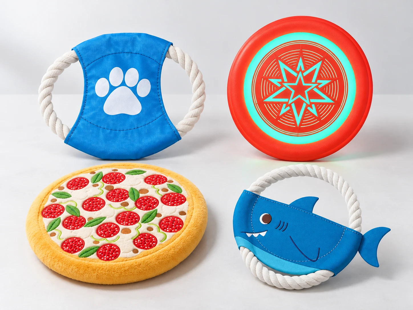 Four mixed-design dog fetch toys including a blue fabric rope-handle flyer, patterned round fabric disc, red decorated disc and shark-shaped rope toy