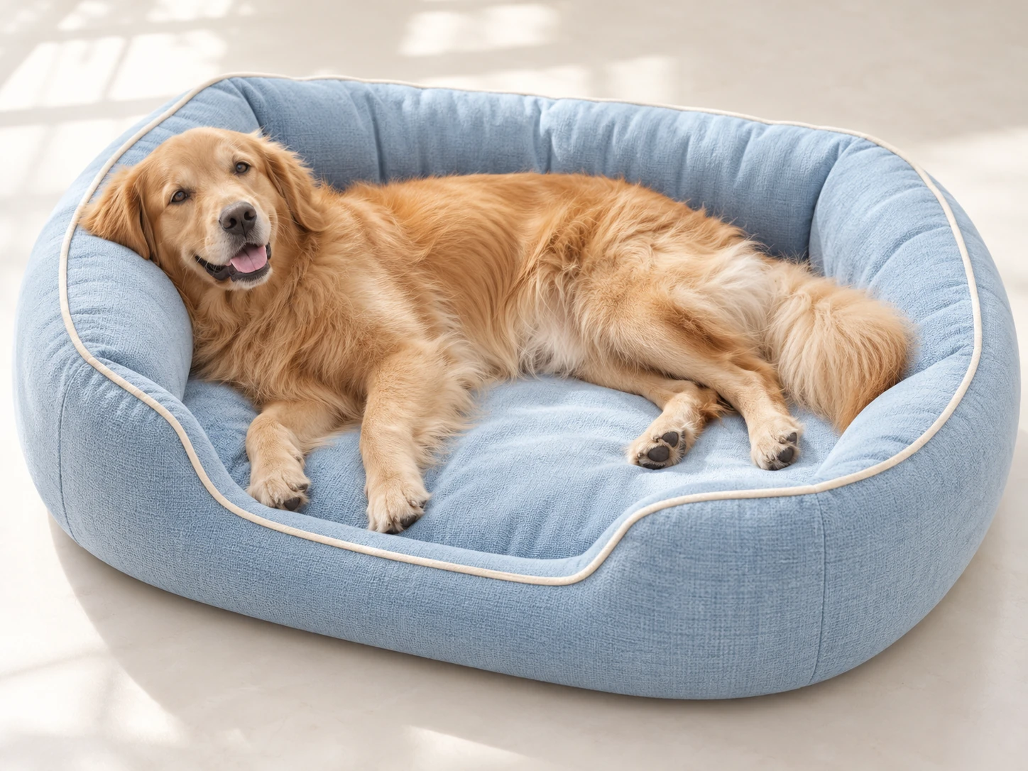 Golden retriever resting in a spacious blue bolster dog bed