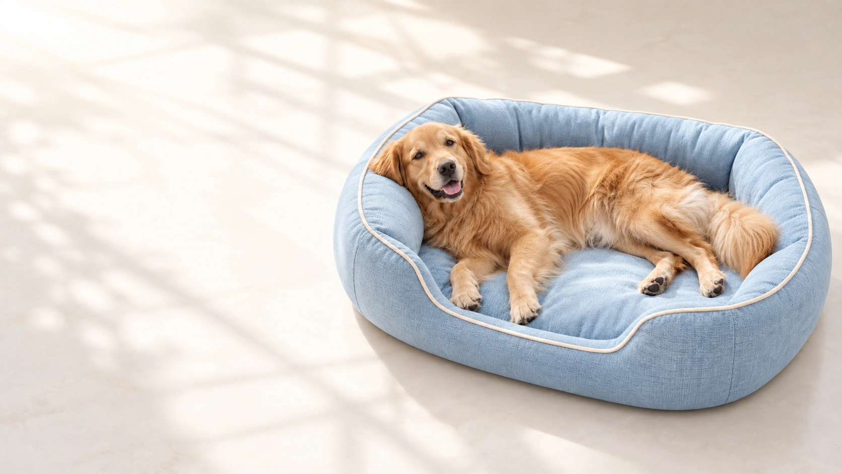 Golden retriever resting on a blue dog bed with raised sides