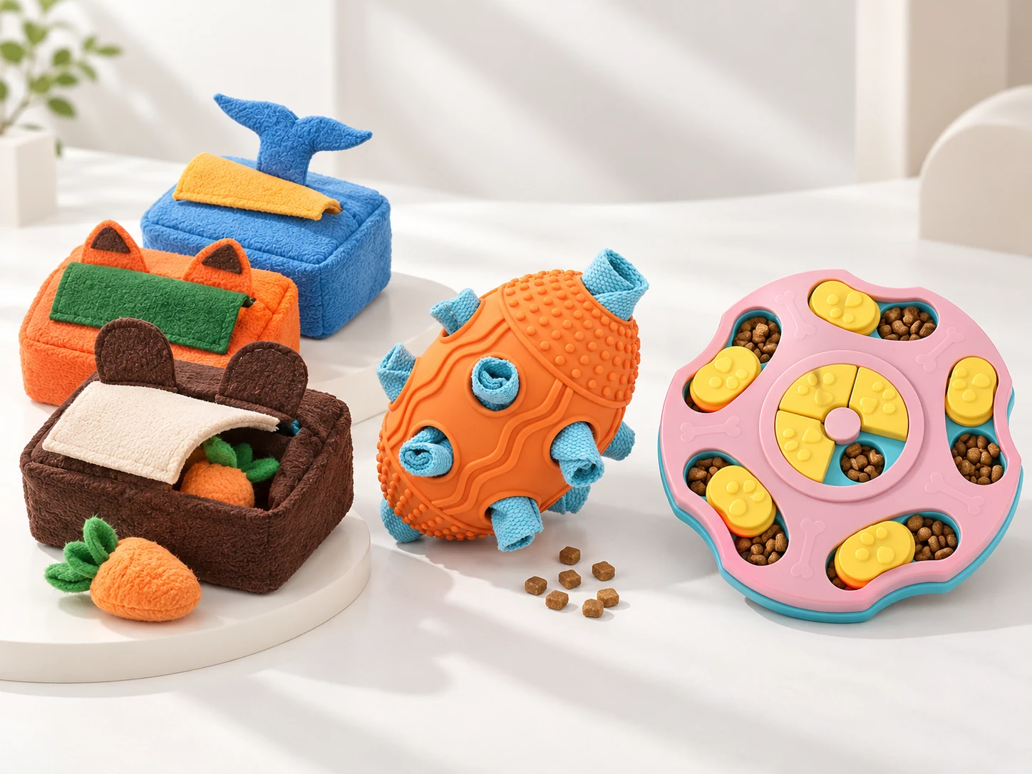 PETMERO Dog Puzzle Materials and Play Structures PETMERO dog puzzle toys in plush flexible and rigid materials for different play structures