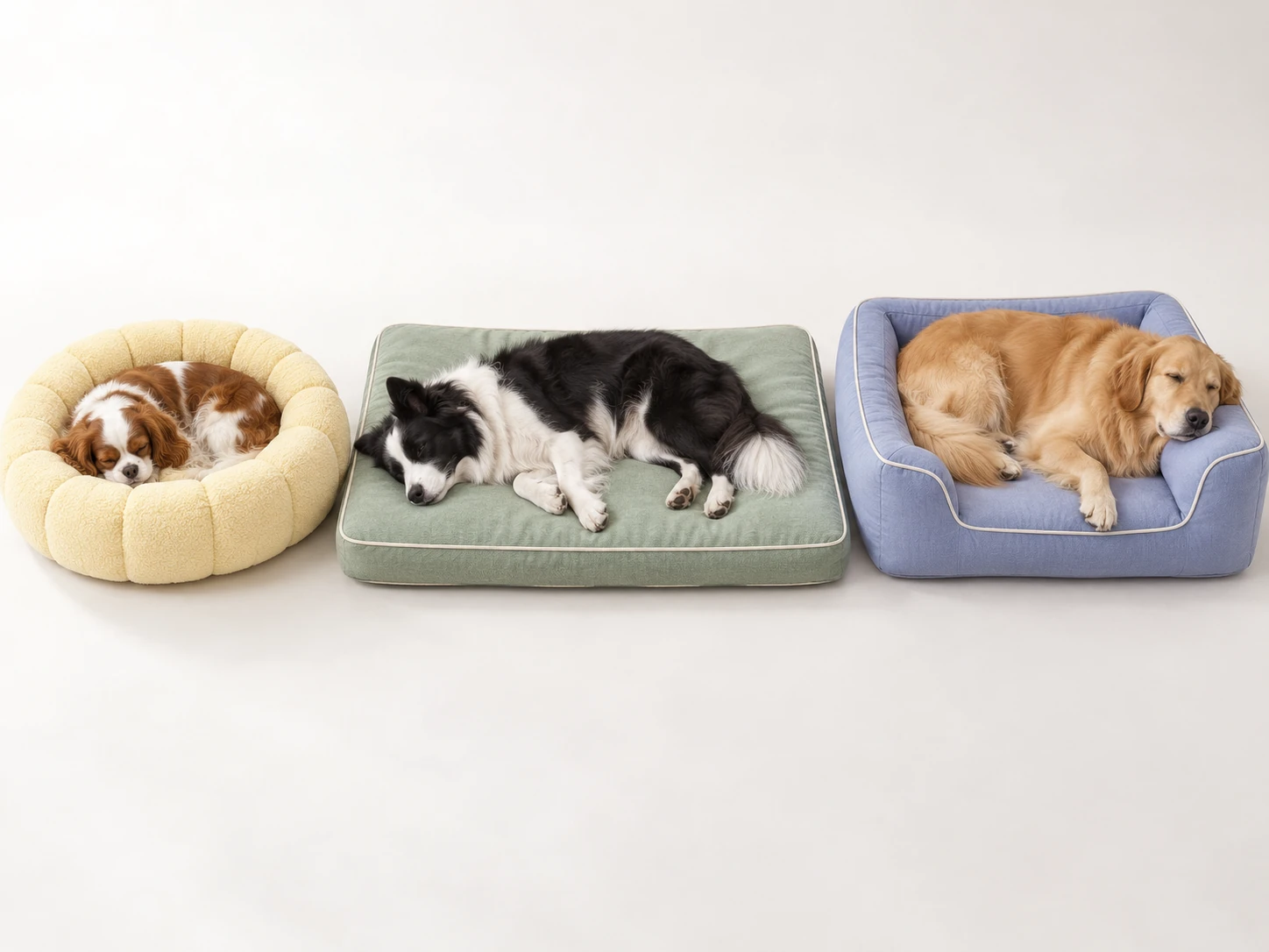 Three dogs resting in curled, stretched and side-lying positions on different dog beds