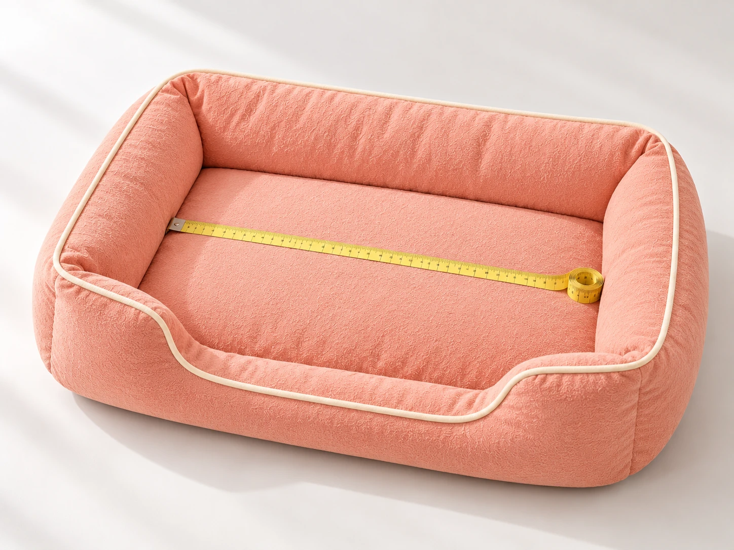 Measuring tape laid across the usable sleeping area of a coral bolster dog bed