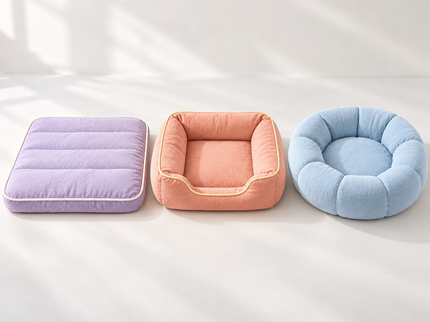 Lavender flat dog bed, coral bolster dog bed and blue round donut dog bed