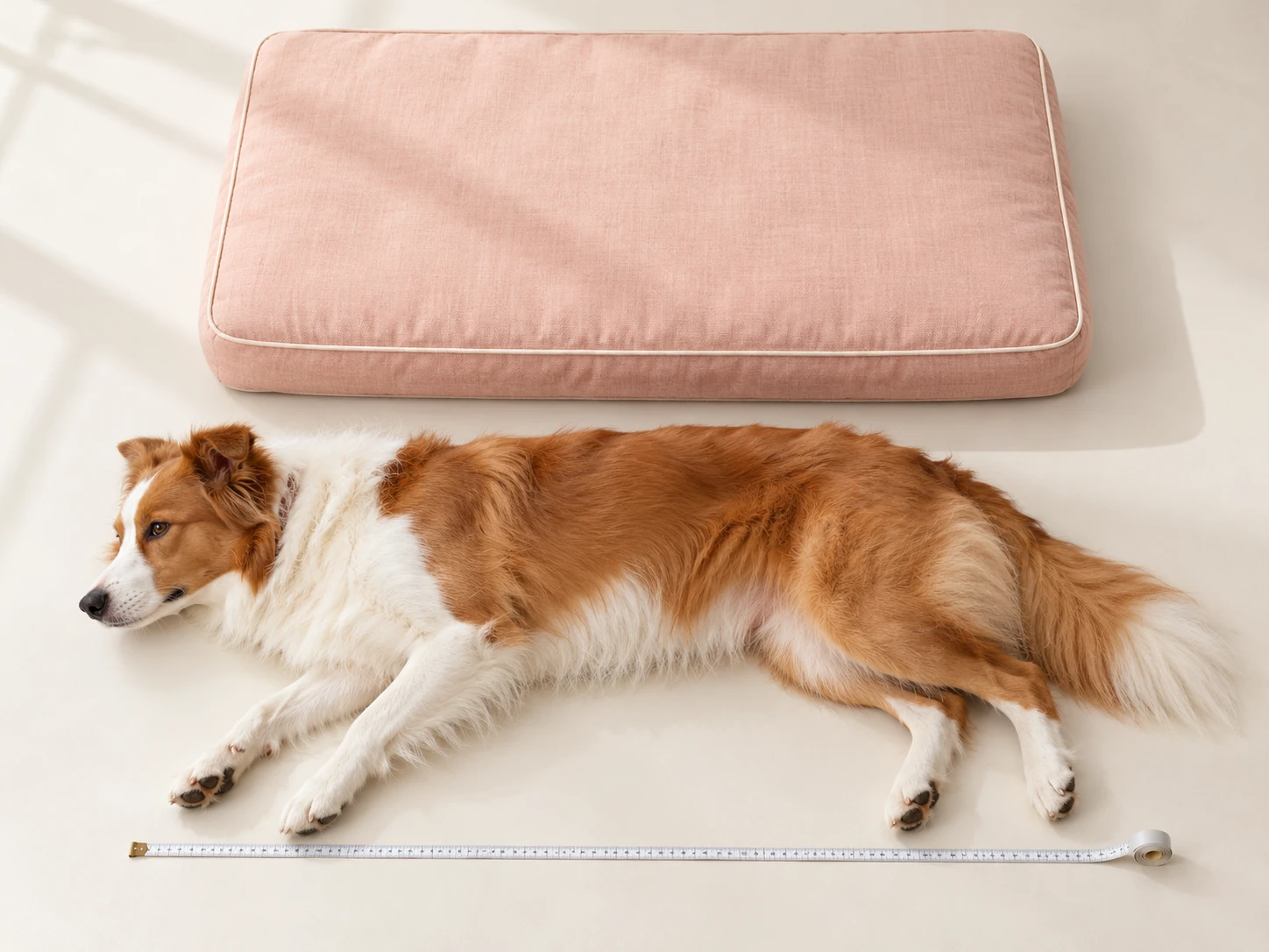 Dog lying naturally beside a measuring tape and a flat pink dog bed