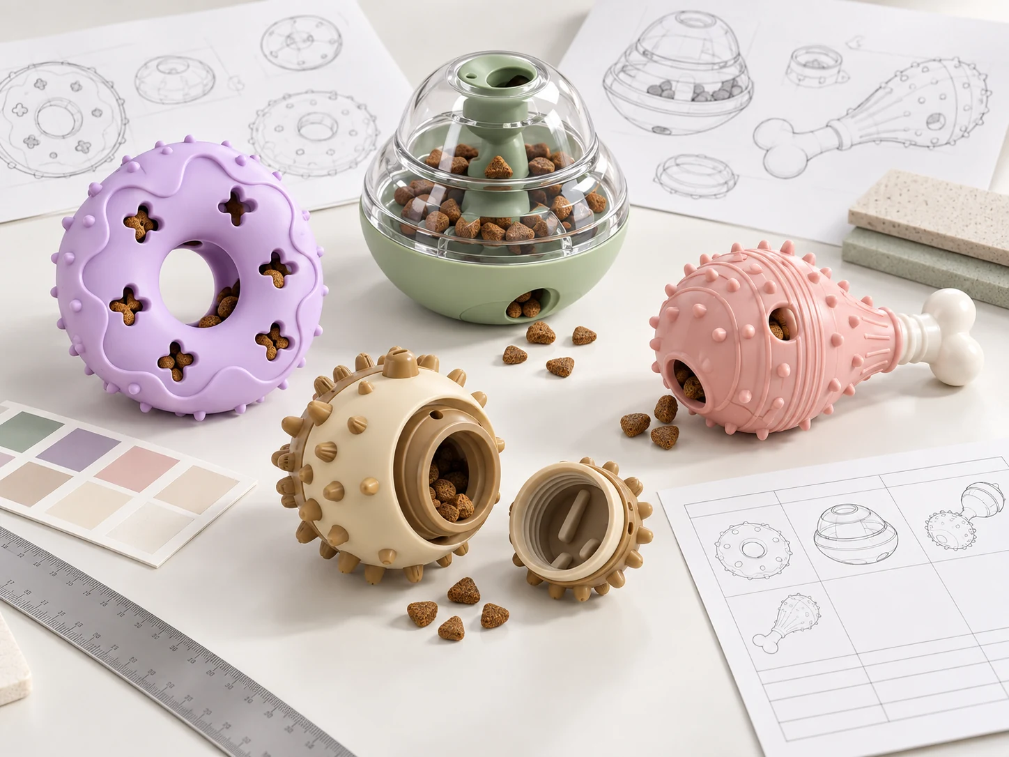 PETMERO treat-dispensing dog toy samples with food chambers openings and product development drawings