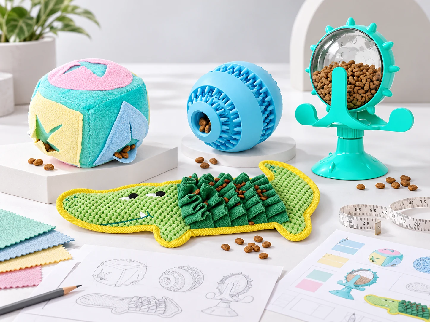 PETMERO Treat-Dispensing Dog Toy Development Review PETMERO soft treat-hiding rolling and food-dispensing dog toy samples reviewed with drawings and material swatches