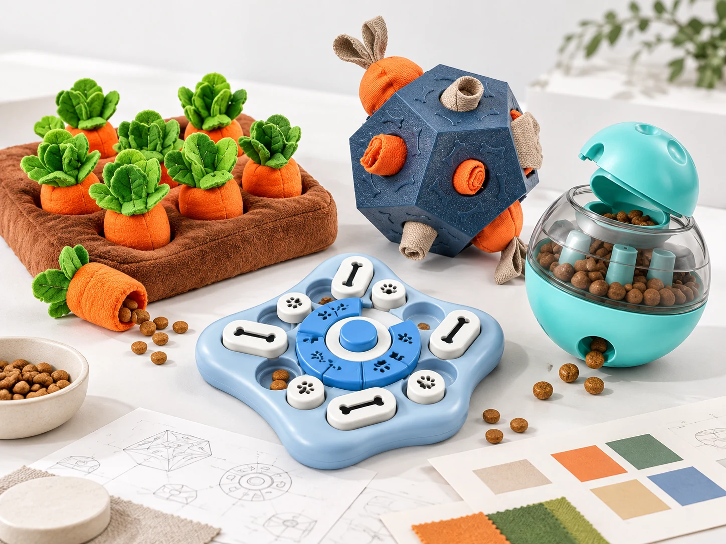 PETMERO Treat-Dispensing Dog Toy Sample Review PETMERO plush treat-hiding puzzle and food-dispensing dog toy samples with development drawings and color swatches
