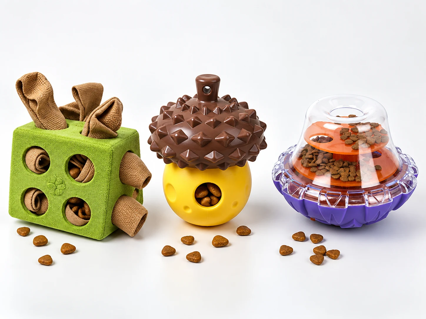 PETMERO Treat-Dispensing and Treat-Hiding Structures PETMERO fabric treat-hiding toy wobble dispenser and transparent food-dispensing dog toy structures