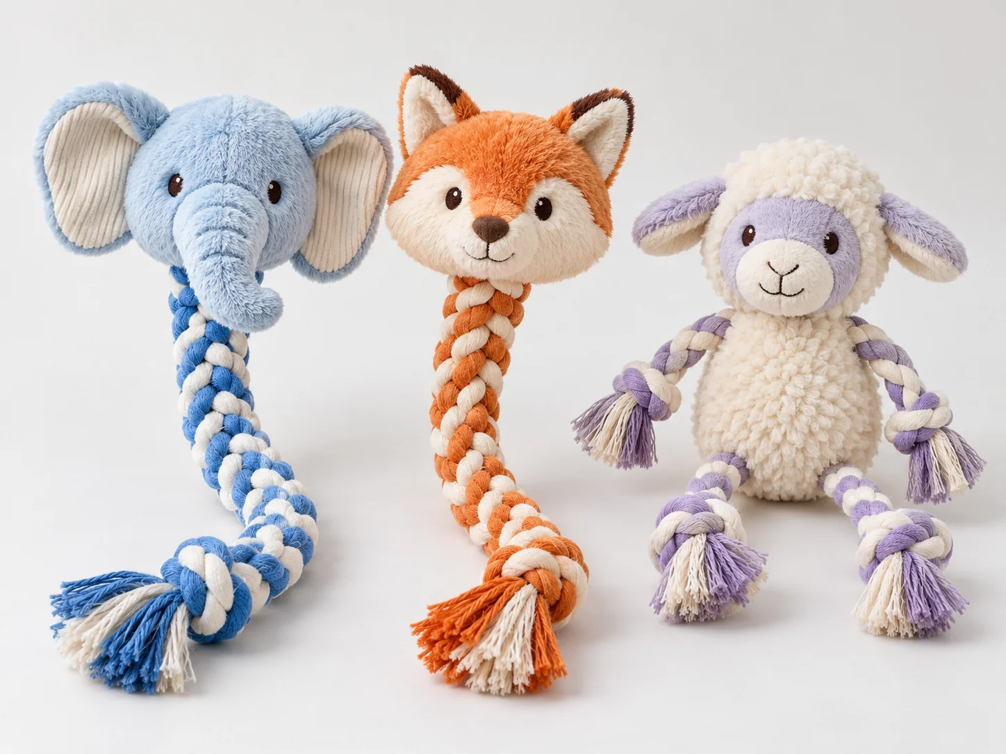 Plush elephant and fox heads with braided rope bodies beside a plush lamb dog toy with rope limbs