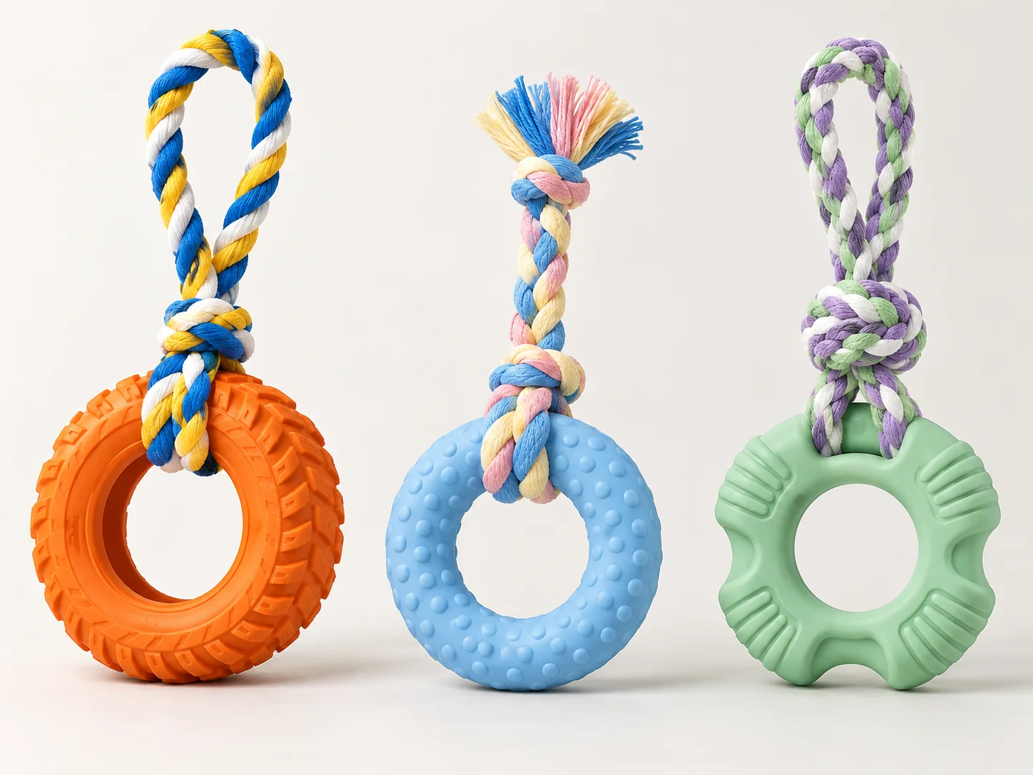Orange tire-shaped ring, blue textured ring and mint-green moulded ring dog tug toys with braided rope loop handles