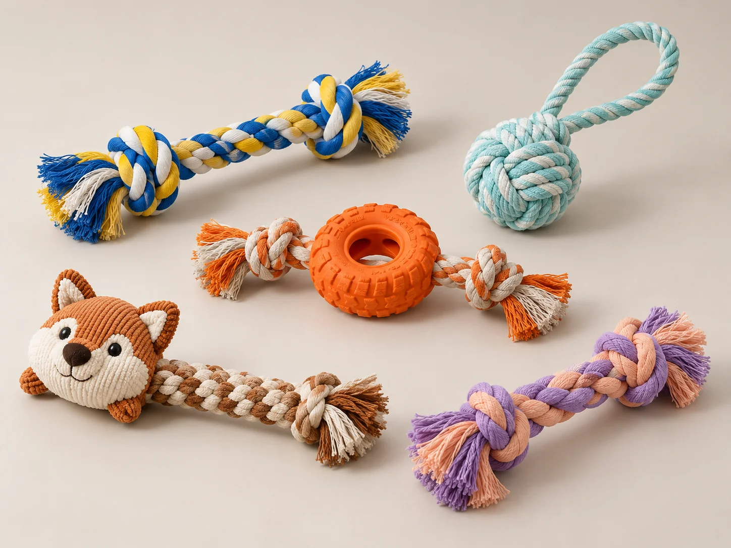 Five rope dog toys including knotted ropes, a rope ball loop, an orange tire ring, a plush fox rope toy and lavender tug rope