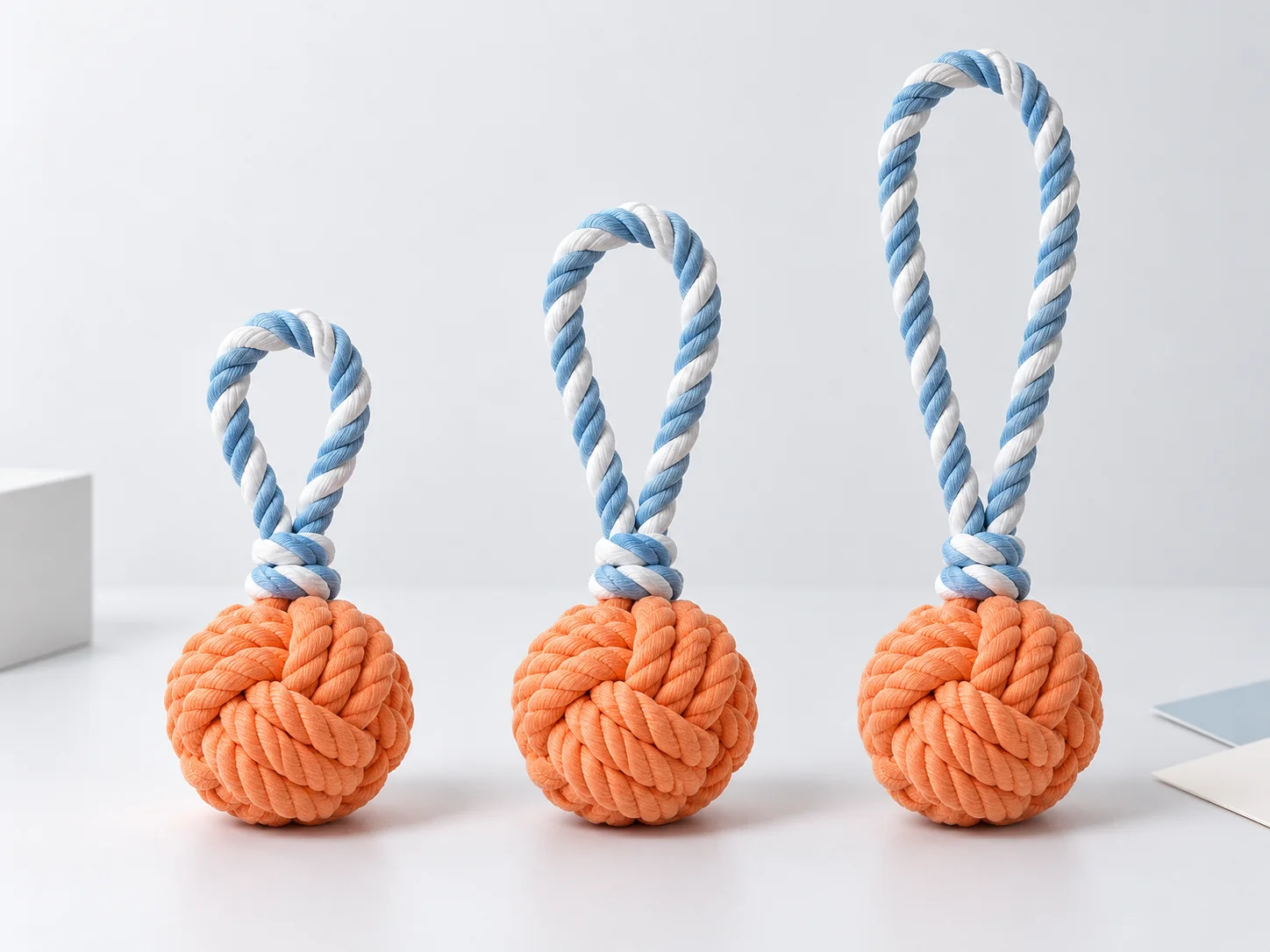 Three matching orange braided rope balls with blue-and-white short, medium and long loop handles shown as design samples