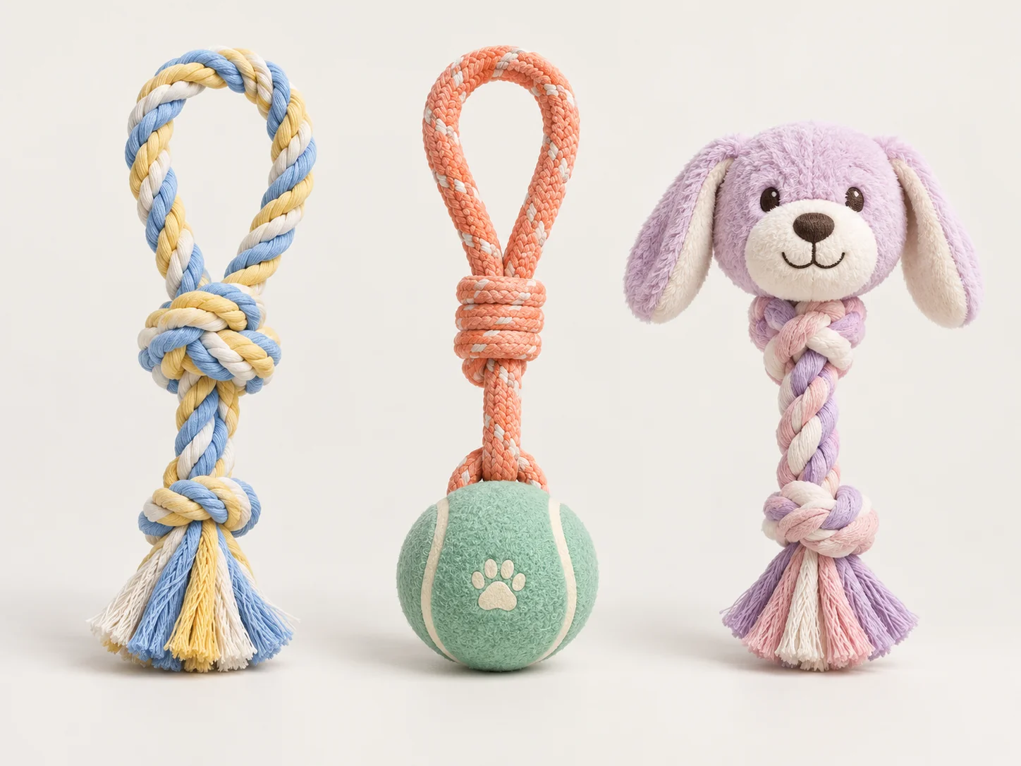 Three rope dog toy range options: blue-yellow tug loop, mint rope ball for fetch and plush bunny head with braided rope