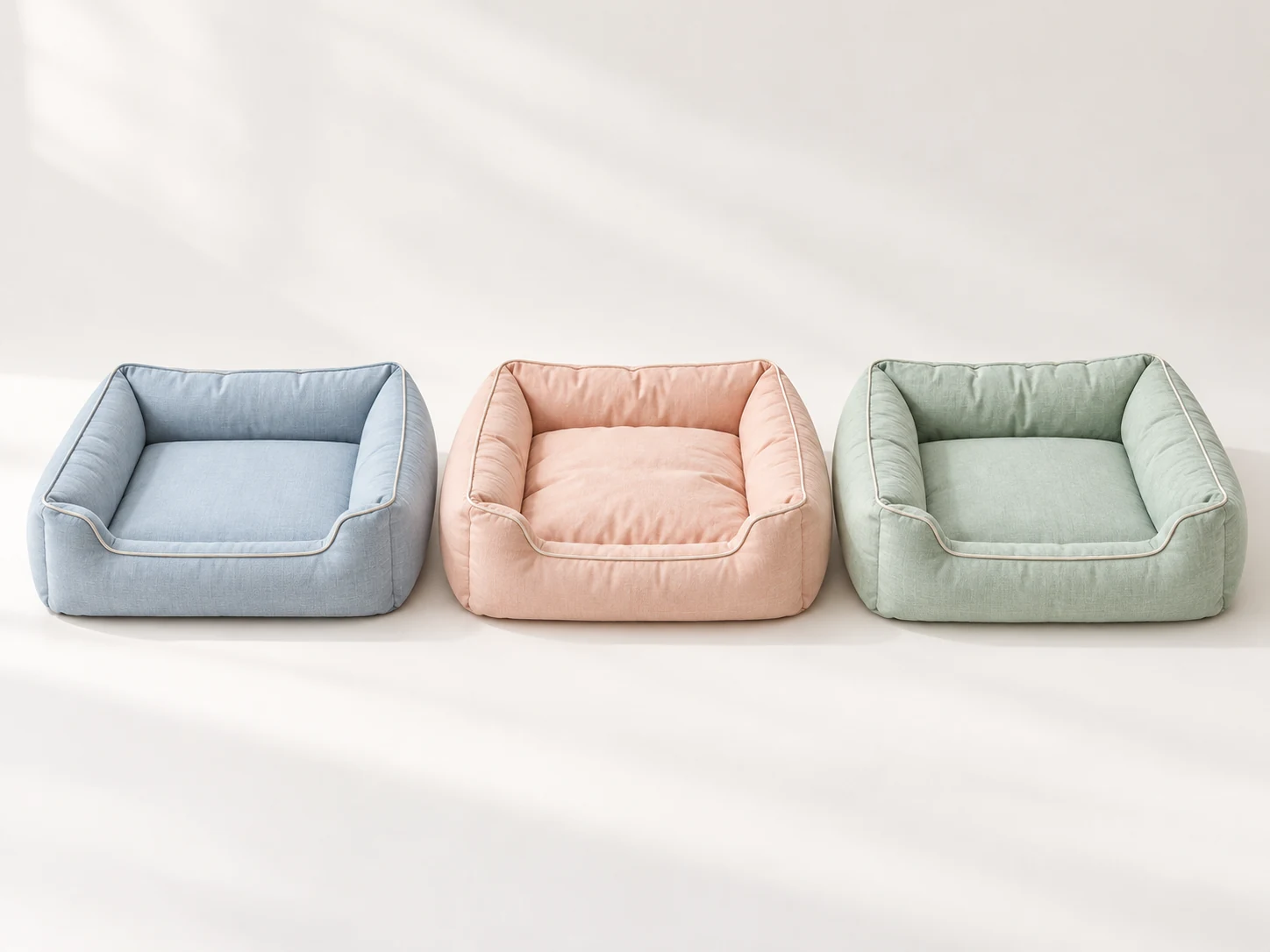 Three matching blue, peach and sage-green bolster dog beds arranged as finished filling samples