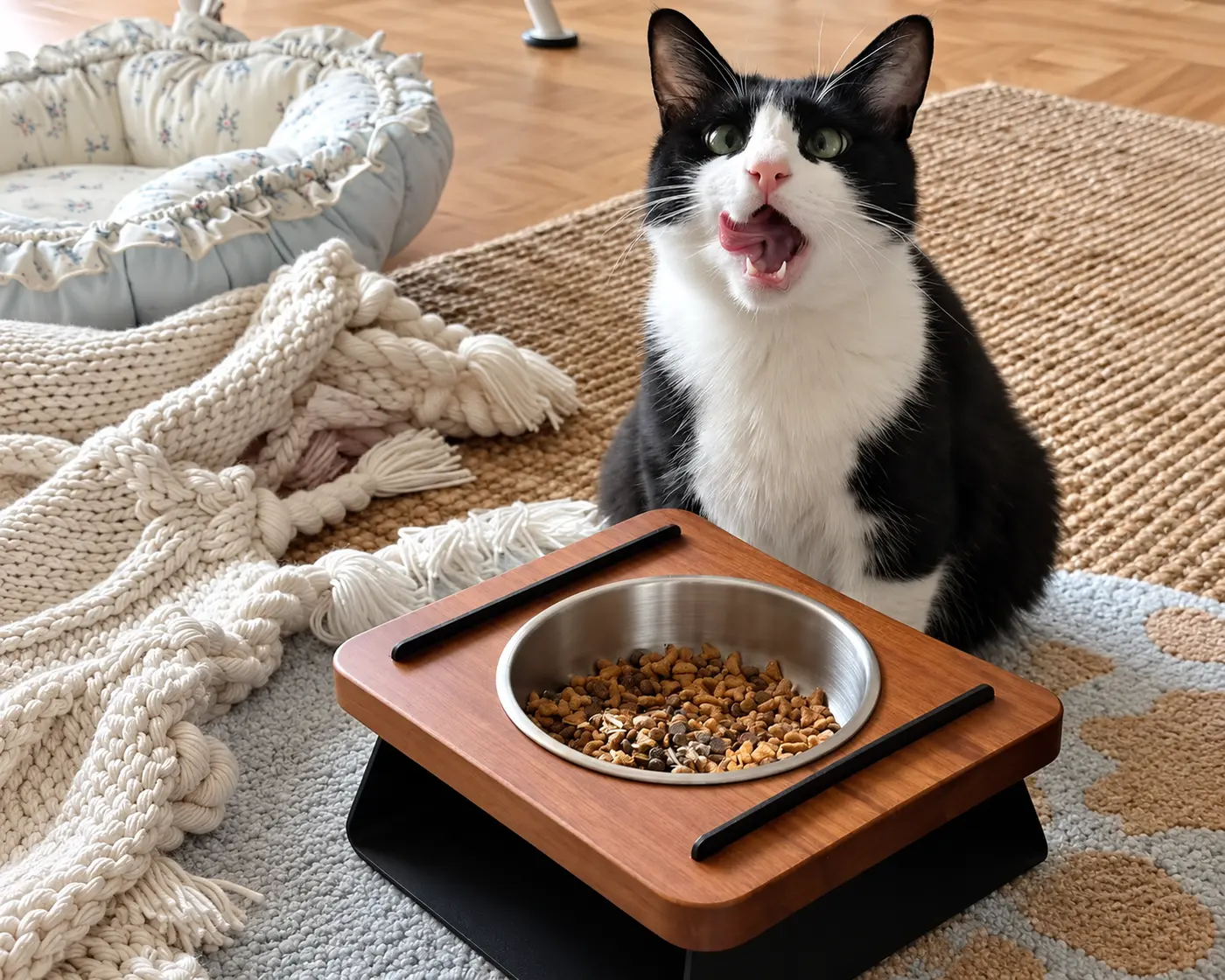 Cat eating from a cat bowl.
