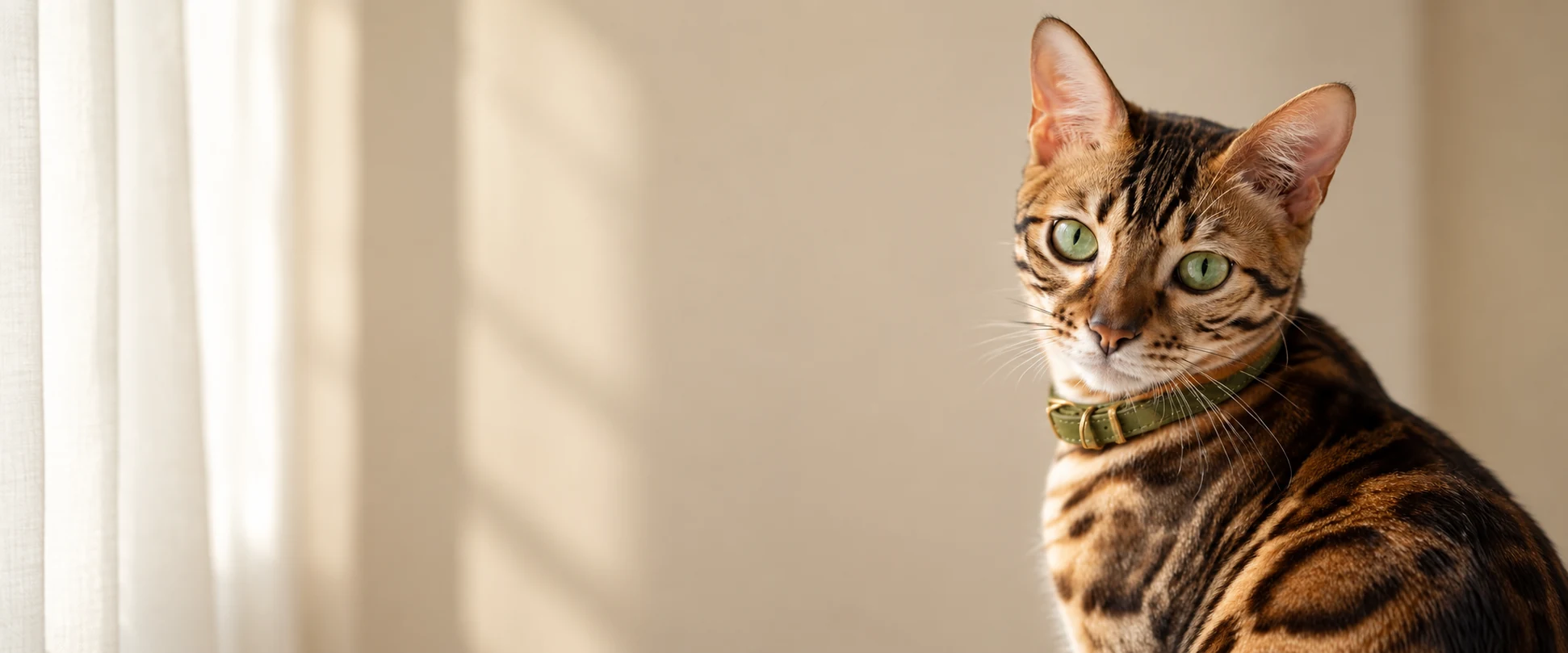 Tabby cat wearing a collar indoors.