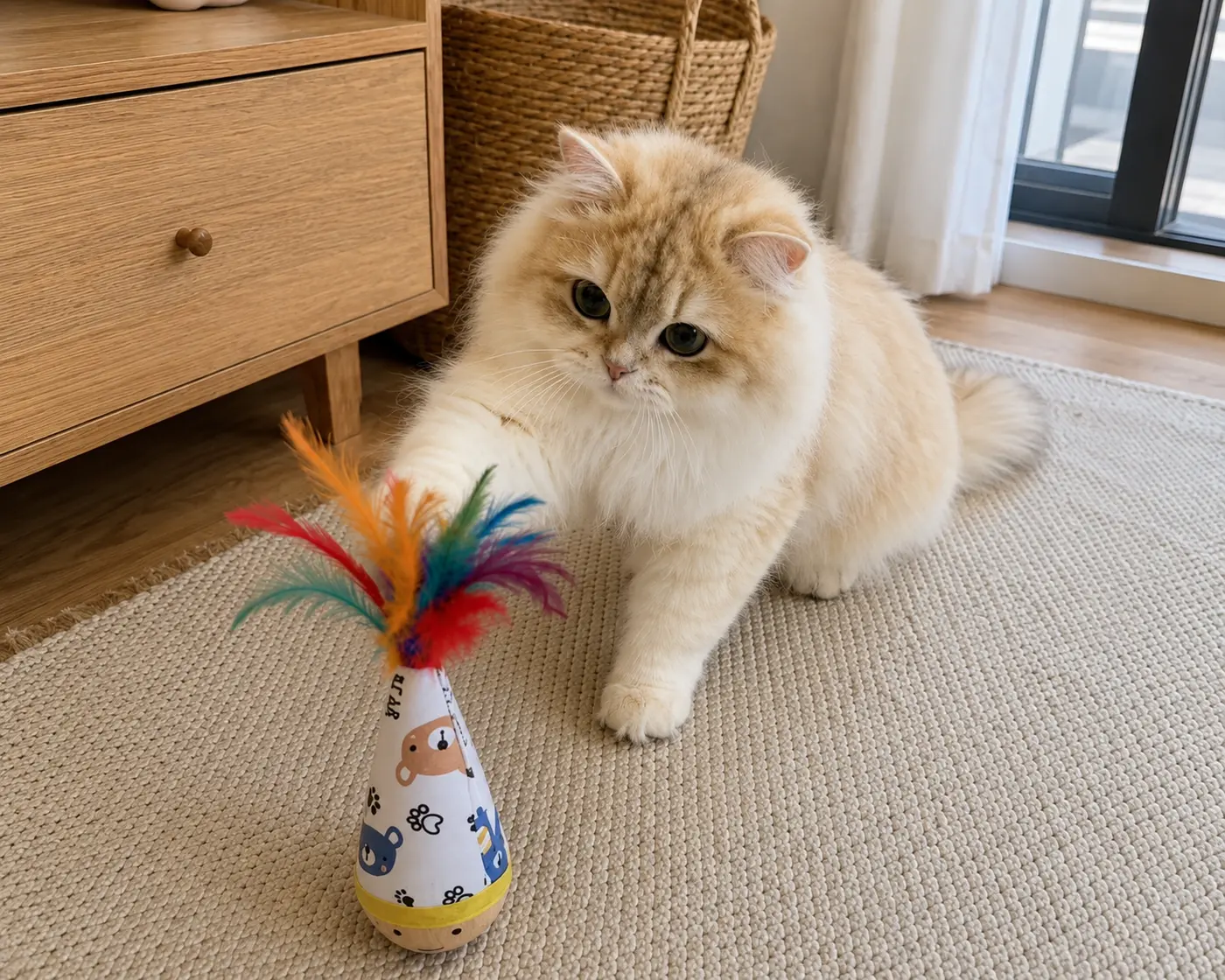 Cat playing with a feather cat toy.