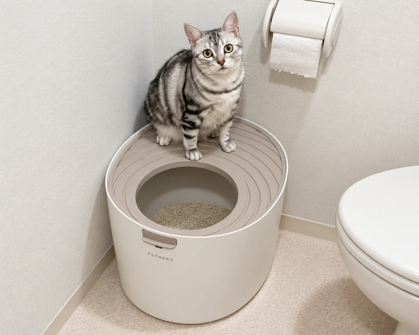 Cat sitting on the rim of a high-sided litter box.