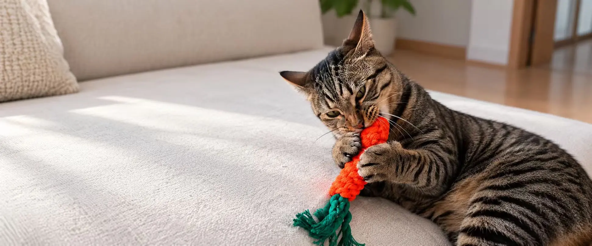 Tabby cat playing with a red rope cat toy on a sofa.