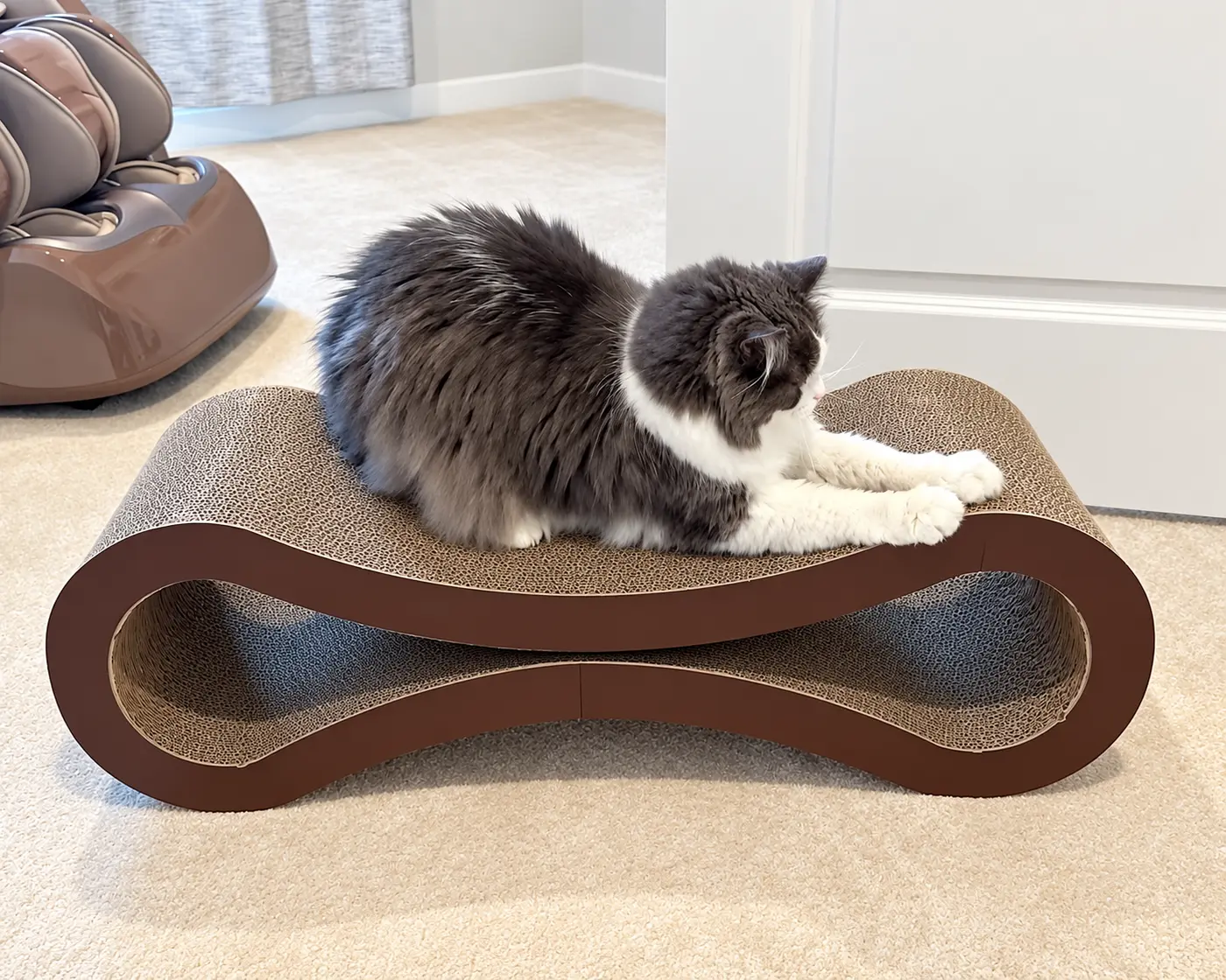 Long-haired cat using a curved cardboard scratcher.