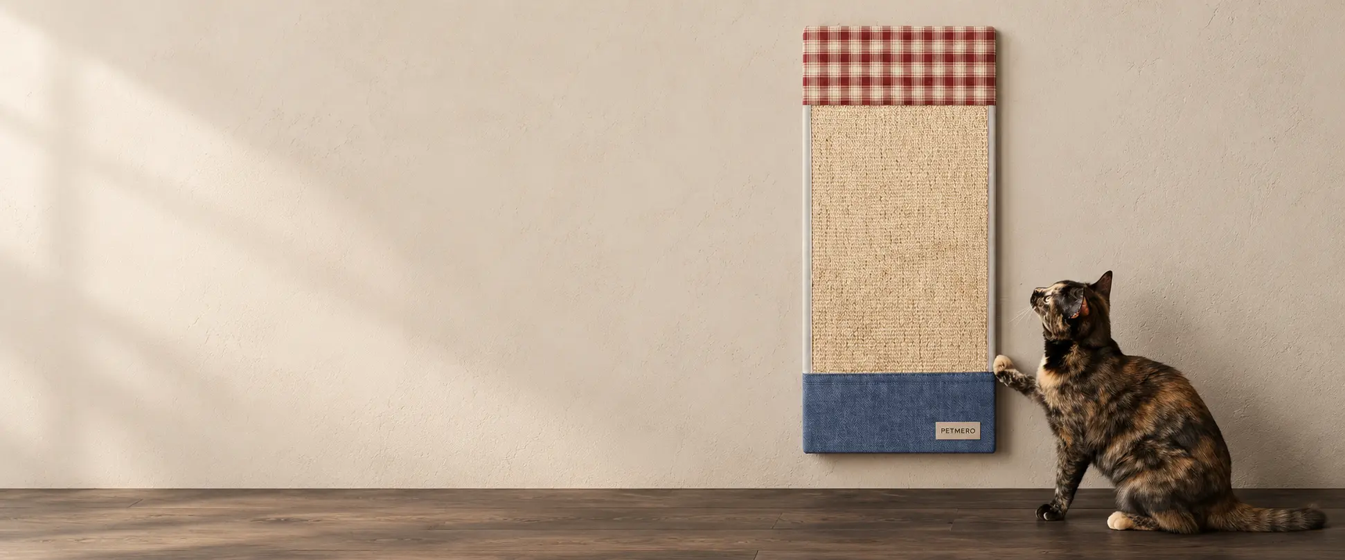 Cat standing beside a vertical cardboard scratching board.