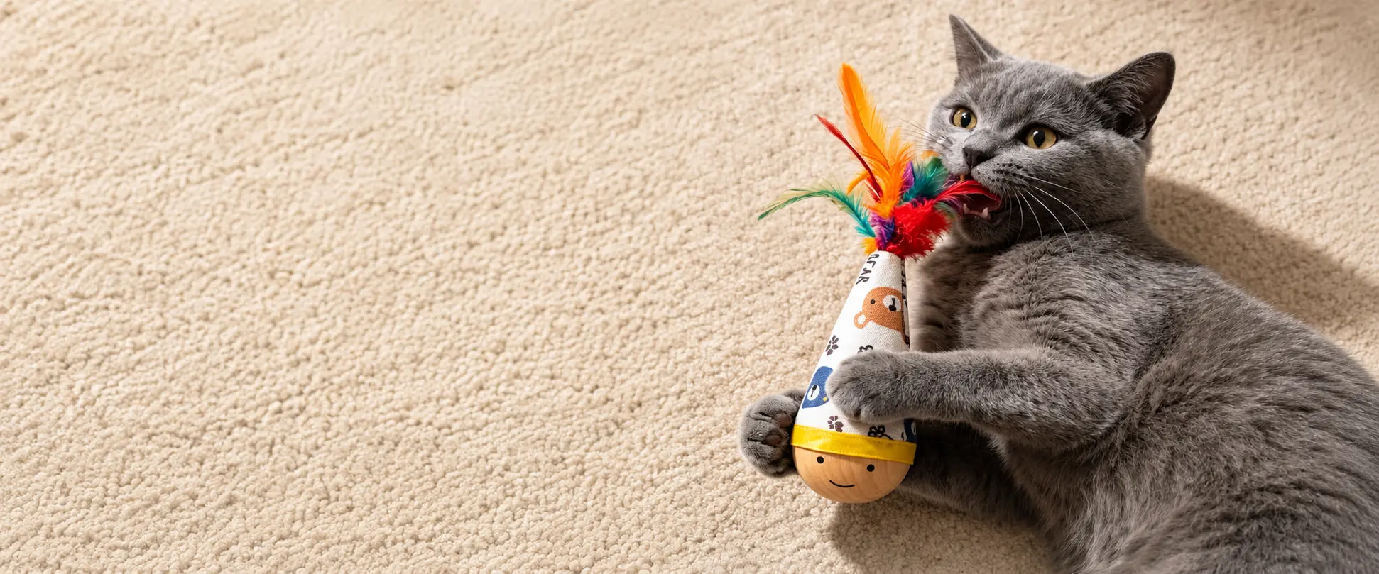 Grey cat playing with a feather cat teaser on a rounded base.