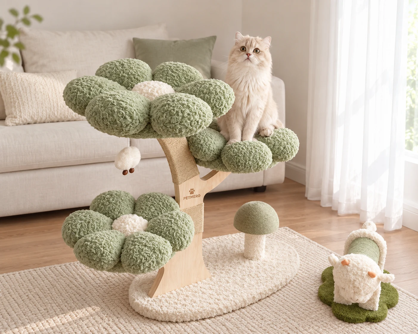 Cat beside a green sculptural cat tree with resting platforms.